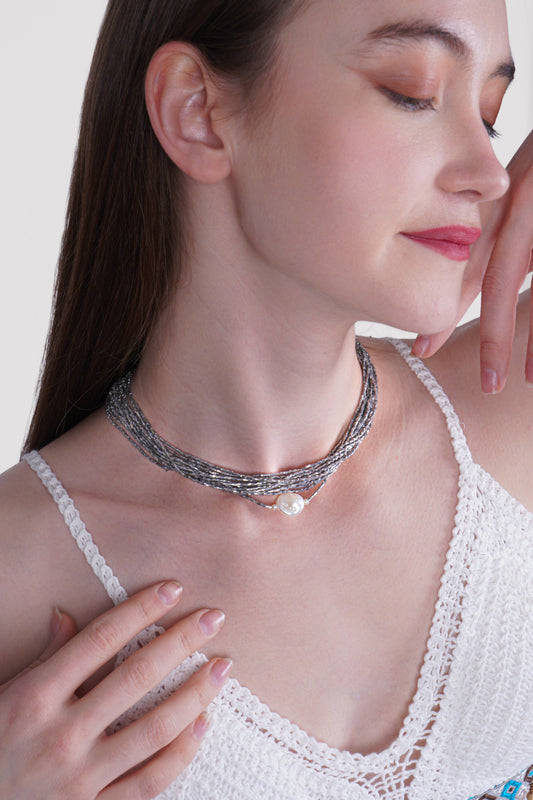 Silver Shimmer Layered Choker with Pearl Pendant